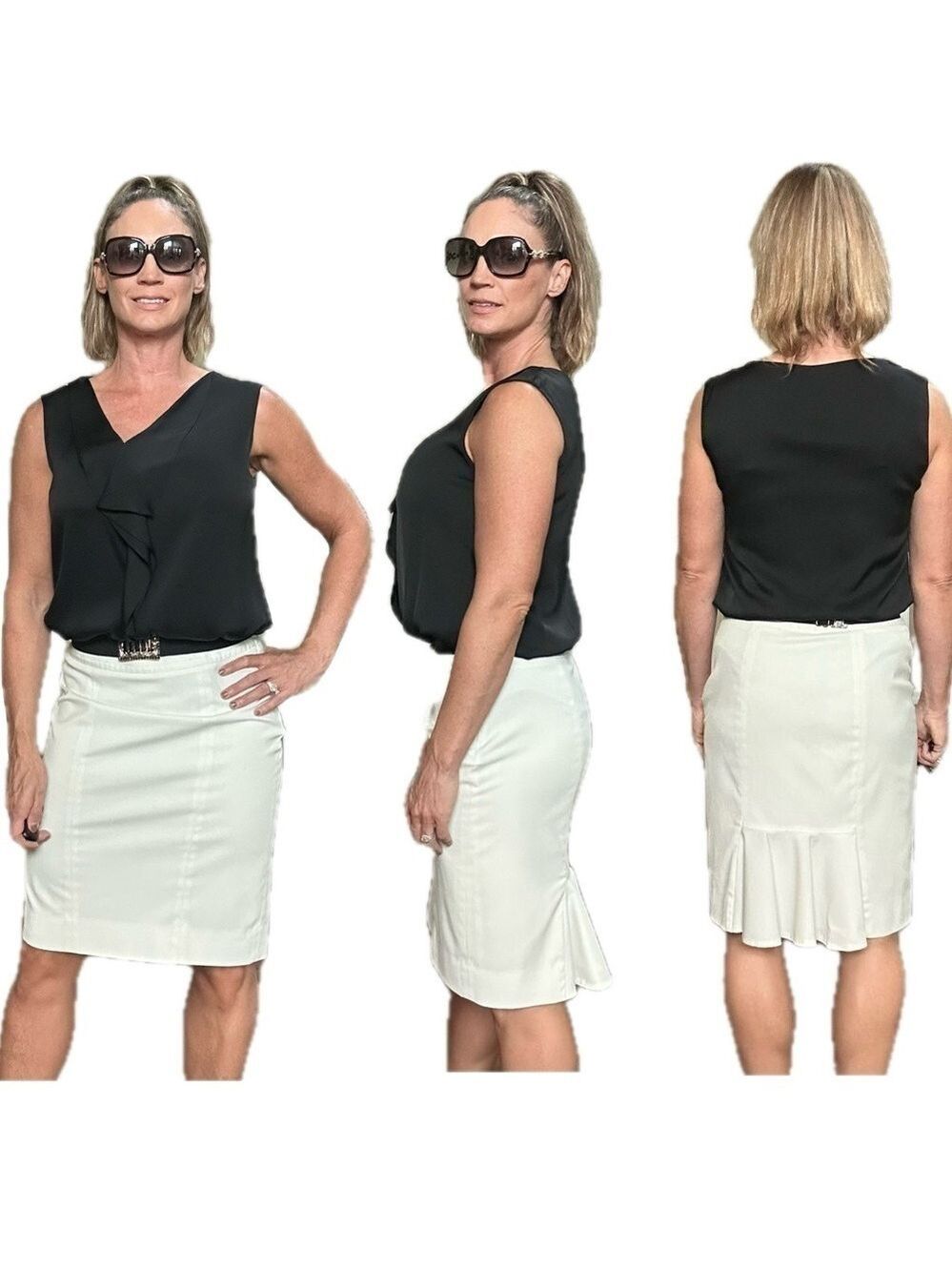 WHBM White House Black Market ivory white pencil skirt back pleated 6 business